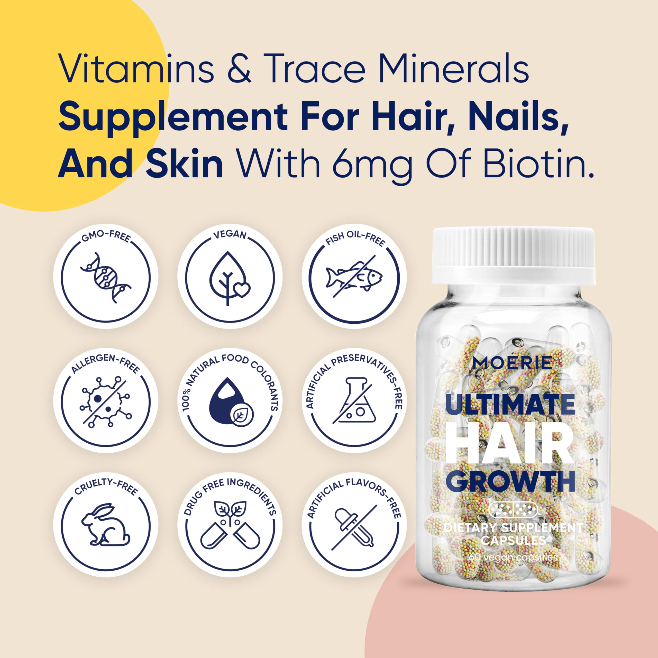 Moerie Hair Growth Supplement for Women & Men – Biotin, Q10 & Minerals – 360 Beadlet Capsules