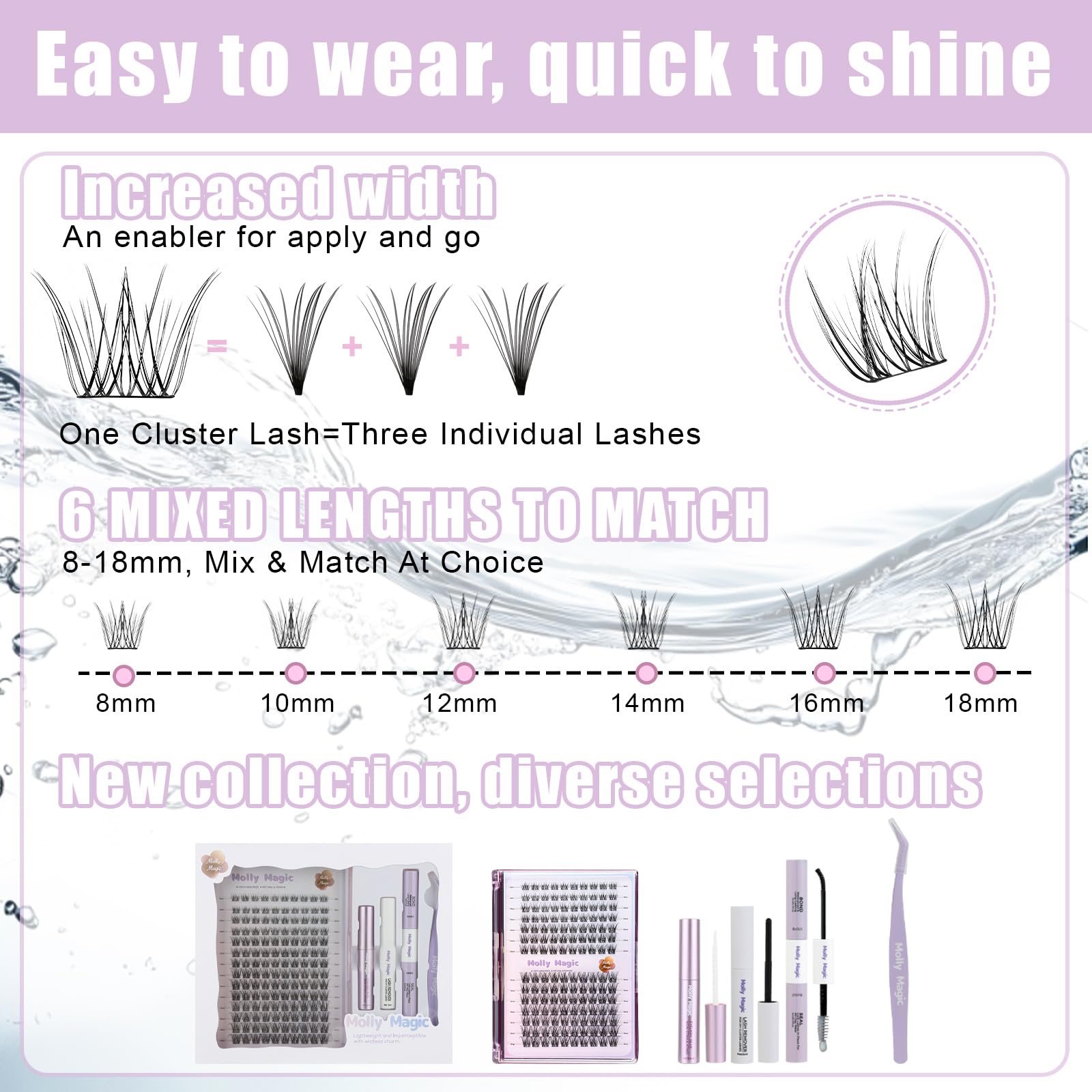 Molly Magic Venus Lash Clusters – Wispy 8–18mm D-Curl DIY Lashes with Invisible 0.03mm Band