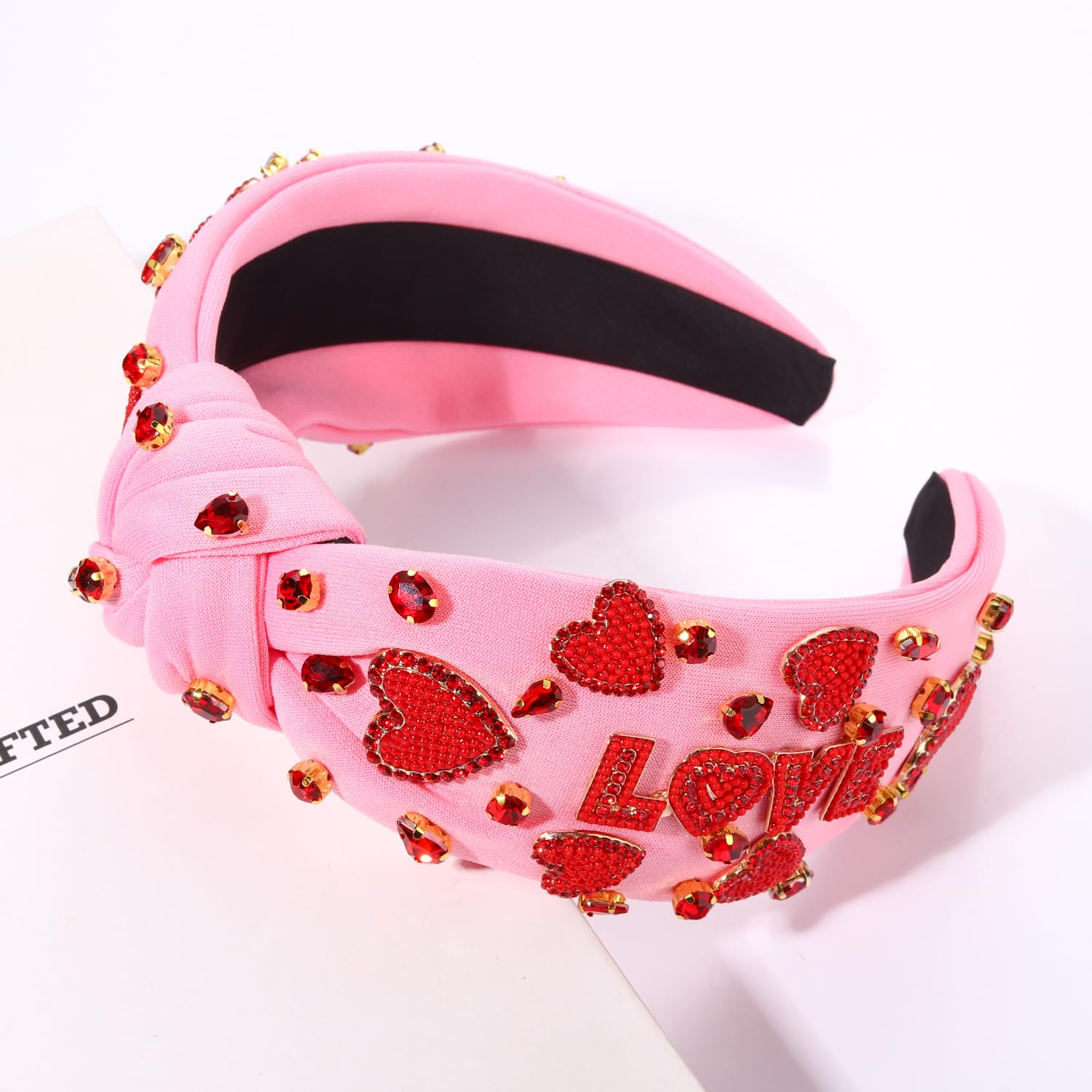 MOLOCH Valentine's Day Beaded Heart Headband – Pink Top Knot Hair Accessory for Women
