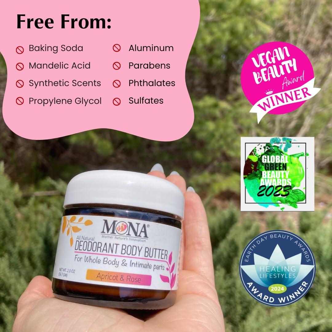 MONA All Natural Deodorant for Whole Body & Intimate Areas | Apricot & Rose, 2 oz