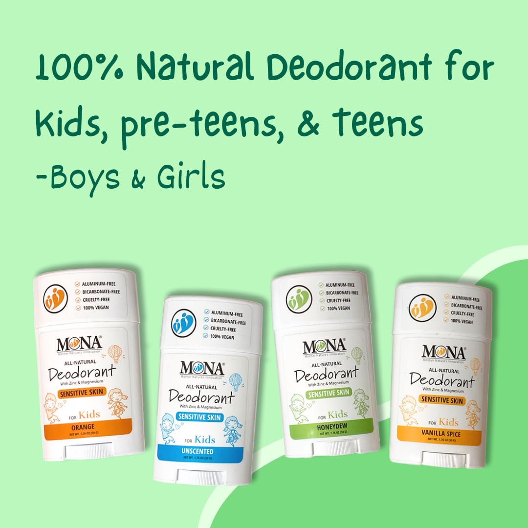MONA All Natural Deodorant for Kids — Honeydew 3-Pack (1.76 Oz) | Aluminum & Baking Soda Free