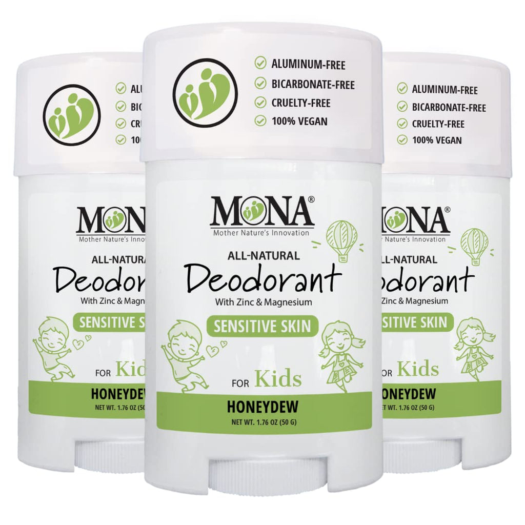 MONA All Natural Deodorant for Kids — Honeydew 3-Pack (1.76 Oz) | Aluminum & Baking Soda Free