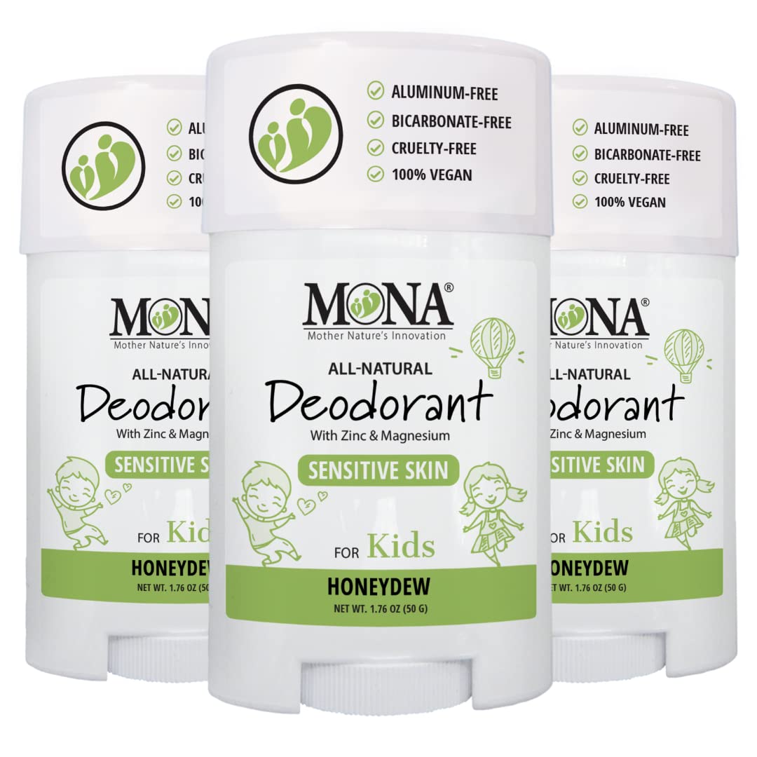 MONA All Natural Deodorant for Kids — Honeydew 3-Pack (1.76 Oz) | Aluminum & Baking Soda Free