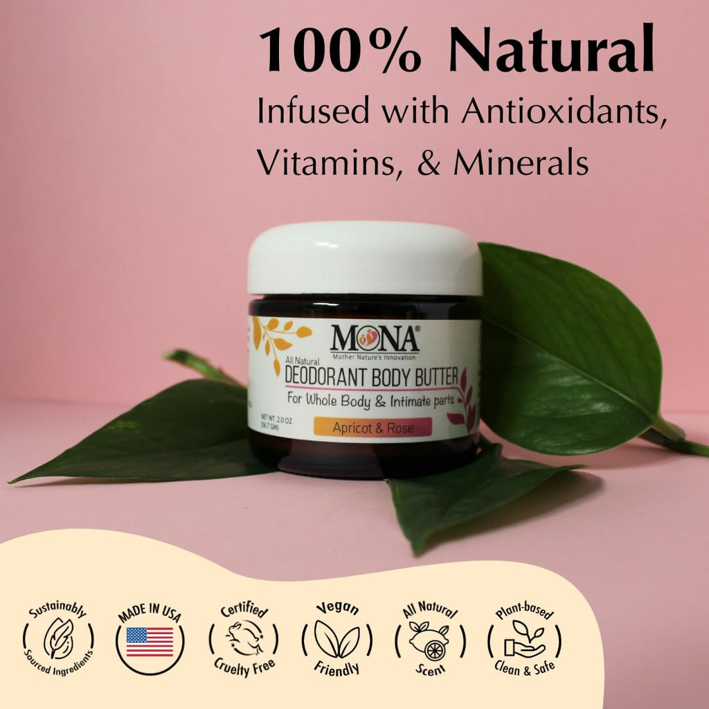 MONA All Natural Deodorant for Whole Body & Intimate Areas | Apricot & Rose, 2 oz