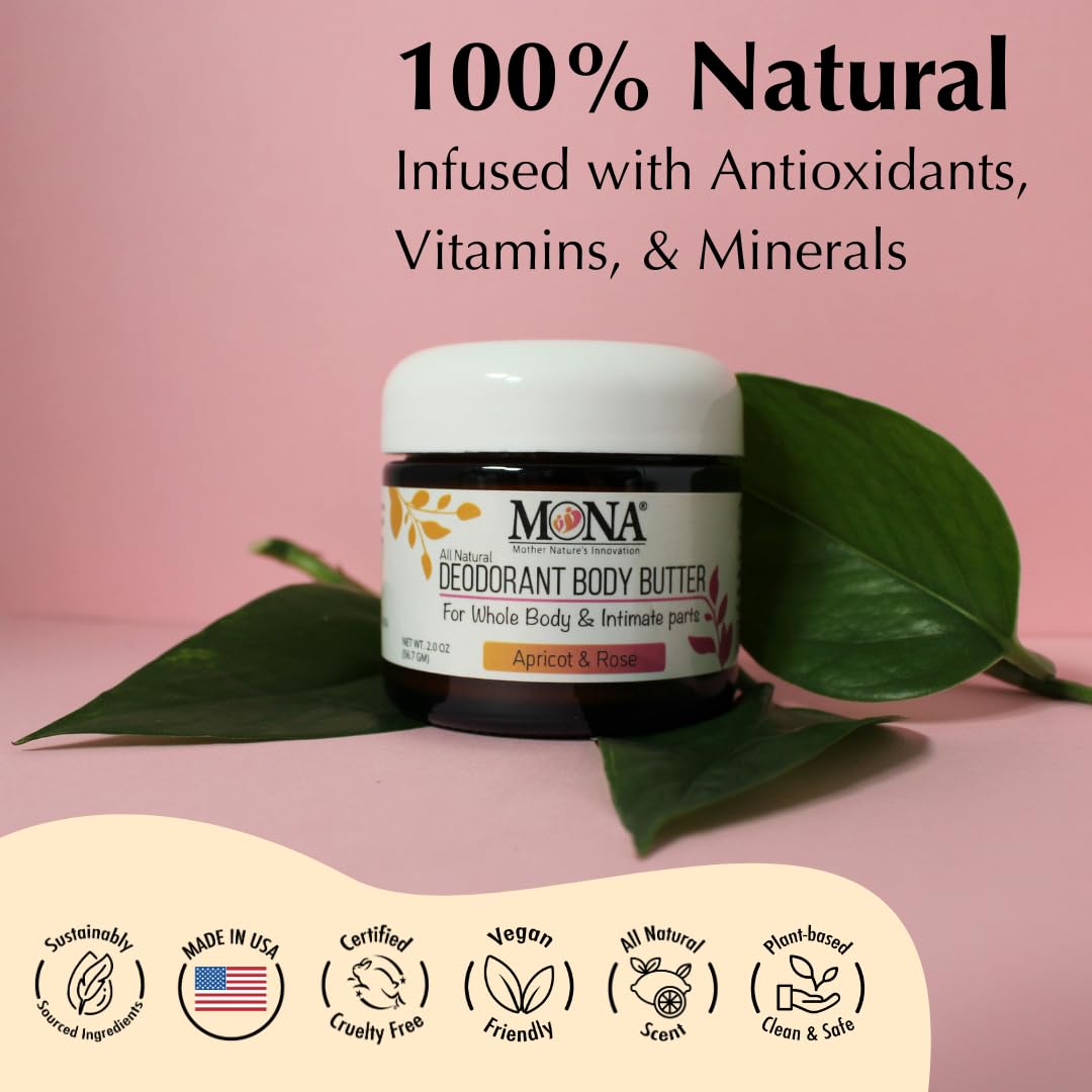 MONA All Natural Deodorant for Whole Body & Intimate Areas | Apricot & Rose, 2 oz
