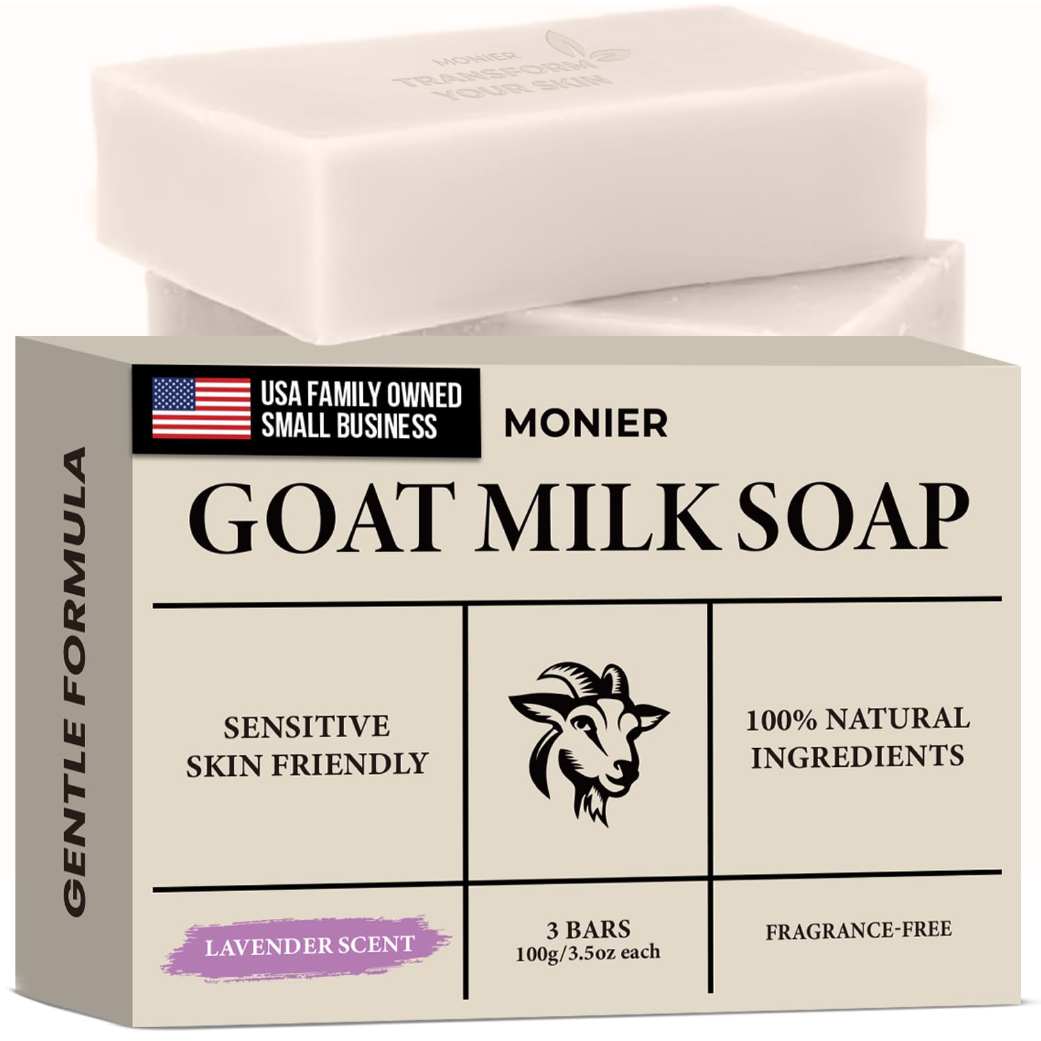 MONIER Goat Milk Soap Bar – Lavender, 3 Pack | Natural for Dry & Sensitive Skin