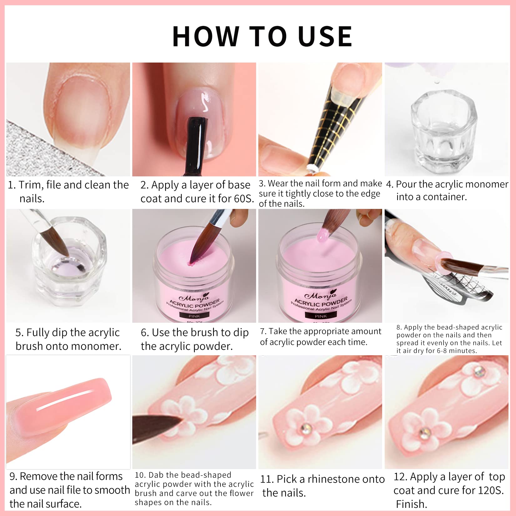 Monja Acrylic Powder Kit – 4 Colors (30g) for Nails – No Lamp Needed