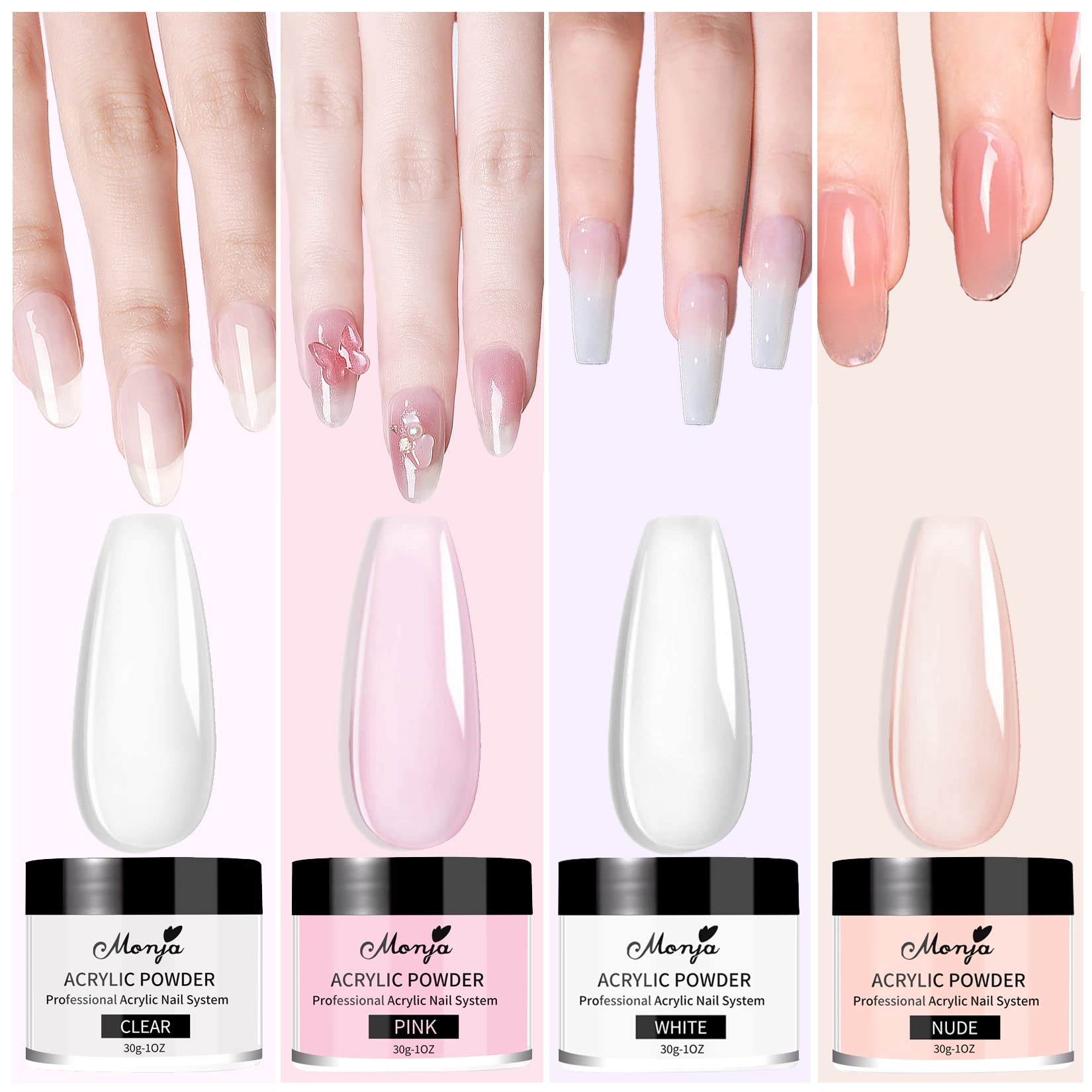 Monja Acrylic Powder Kit – 4 Colors (30g) for Nails – No Lamp Needed