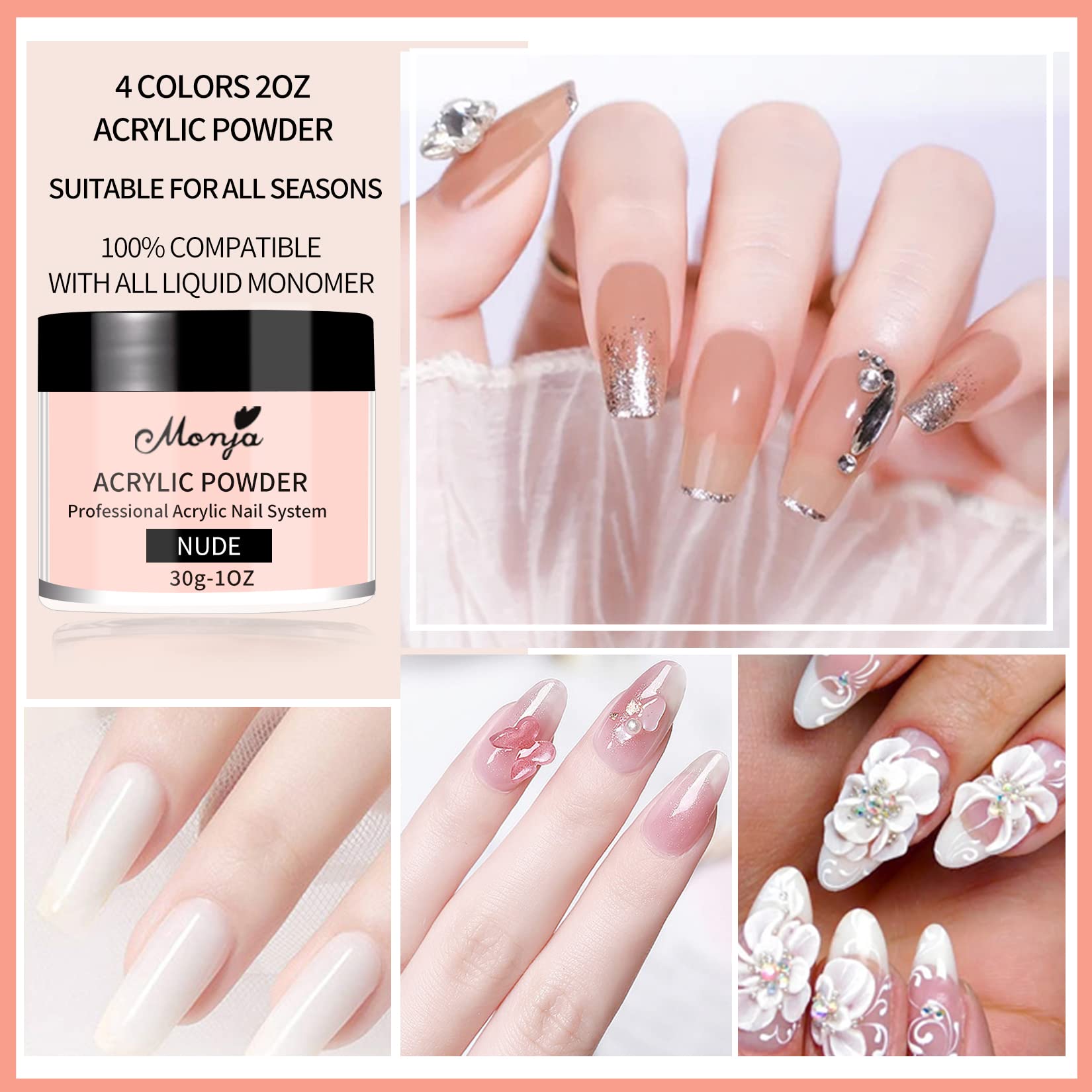 Monja Acrylic Powder Kit – 4 Colors (30g) for Nails – No Lamp Needed
