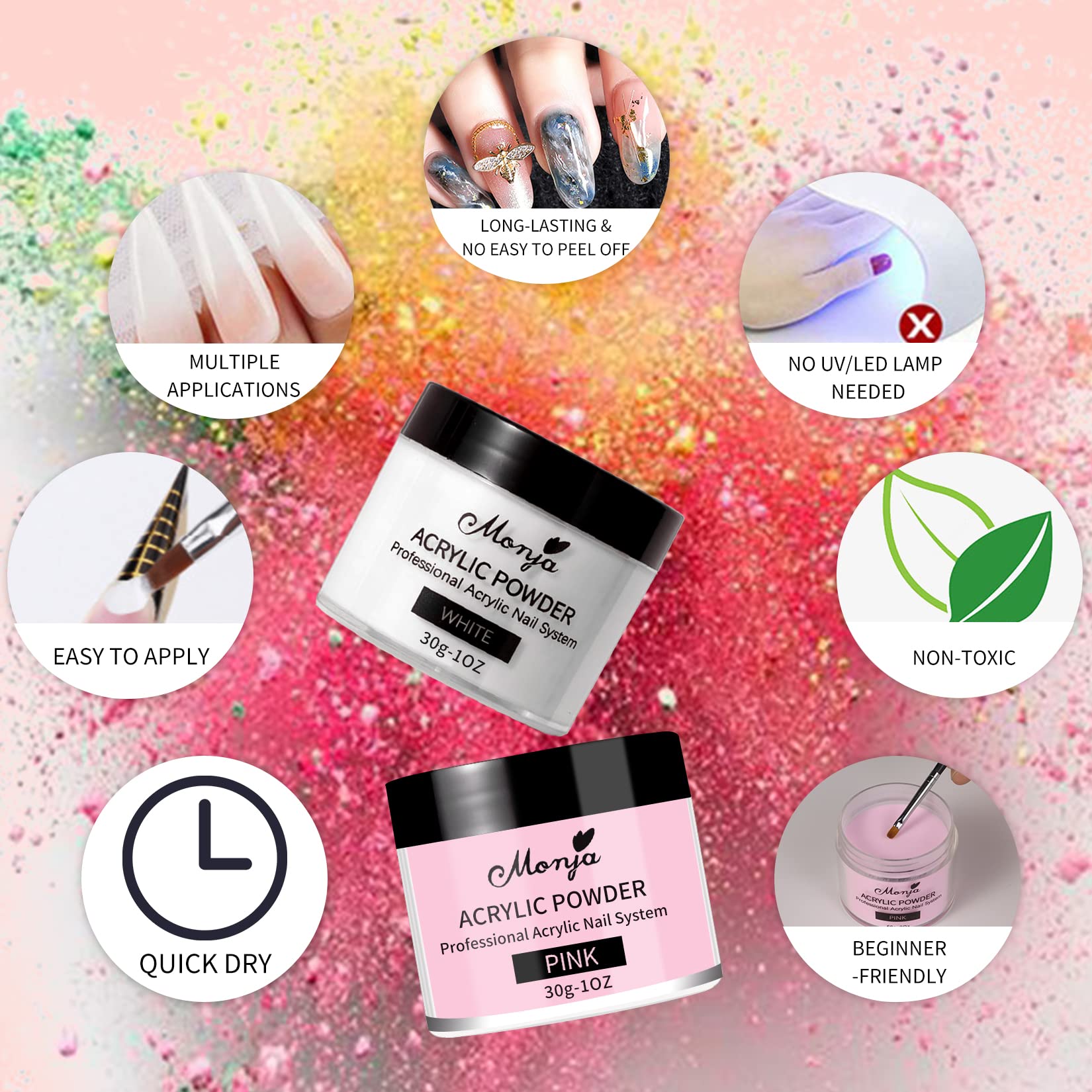 Monja Acrylic Powder Kit – 4 Colors (30g) for Nails – No Lamp Needed