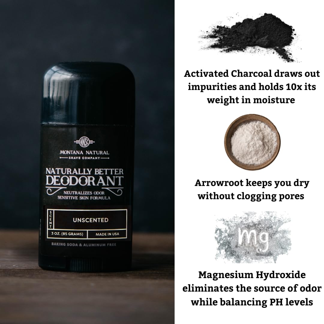 Montana Natural Shave Company MNSC Unscented Deodorant – Magnesium & Activated Charcoal, Aluminum-Free, Baking Soda-Free, USA Made (Pack of 2)