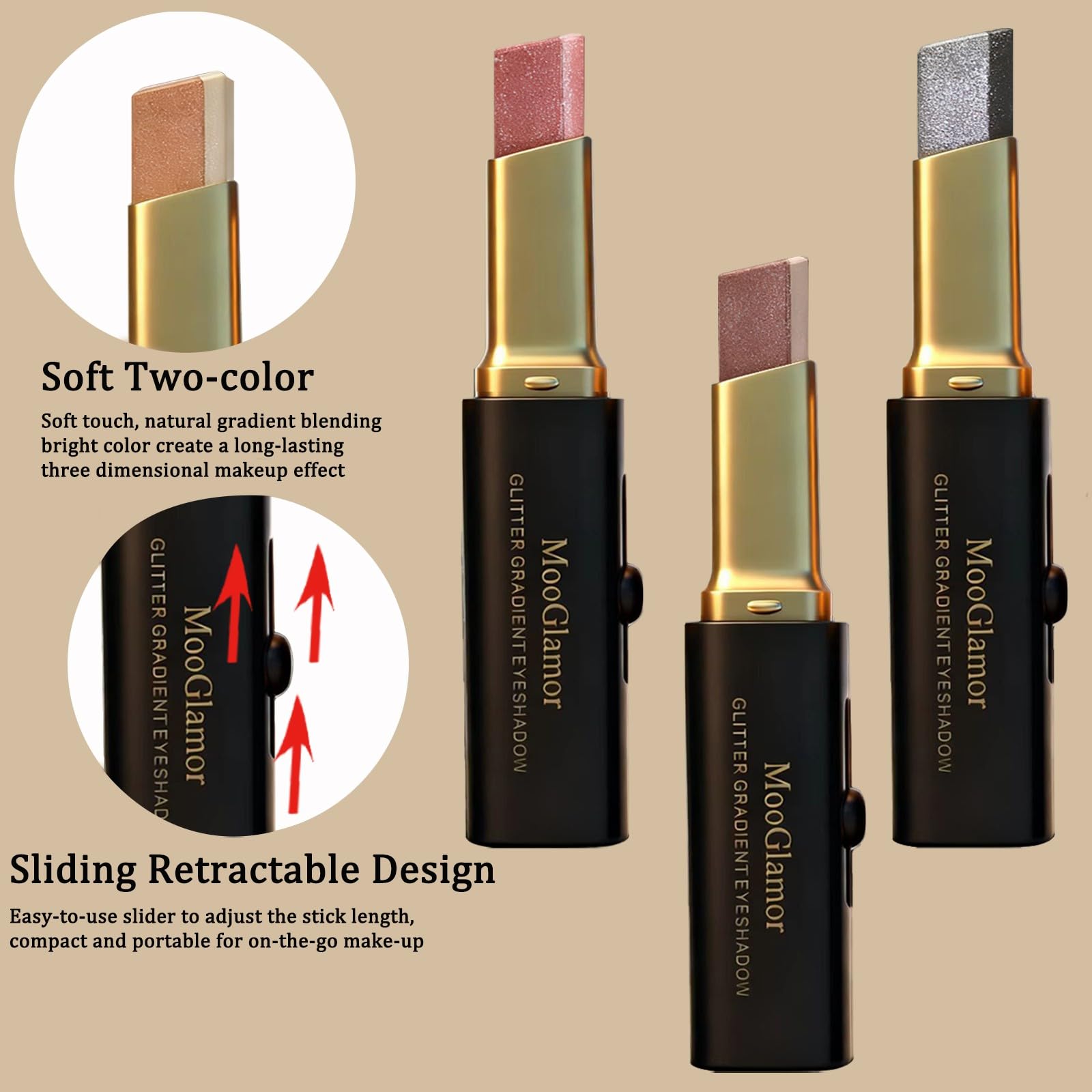 MooGlamor 6-Pc Glitter Eye Shadow Sticks – Dual-Color Gradient & Waterproof
