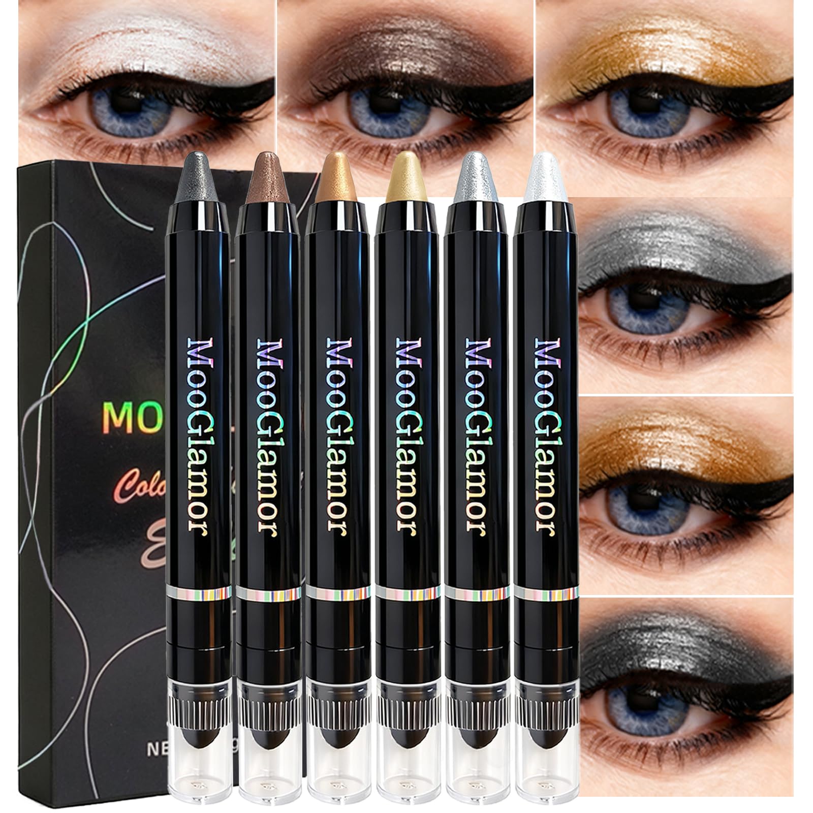 MooGlamor 6 Pcs Eyeshadow Stick Set – Shimmer Retractable Eye Shadow Pens