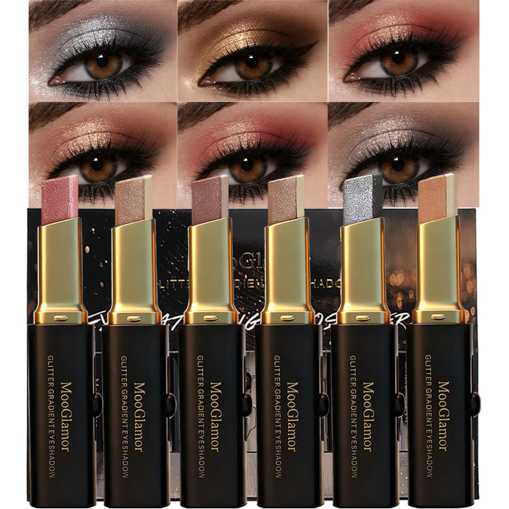MooGlamor 6-Pc Glitter Eye Shadow Sticks – Dual-Color Gradient & Waterproof