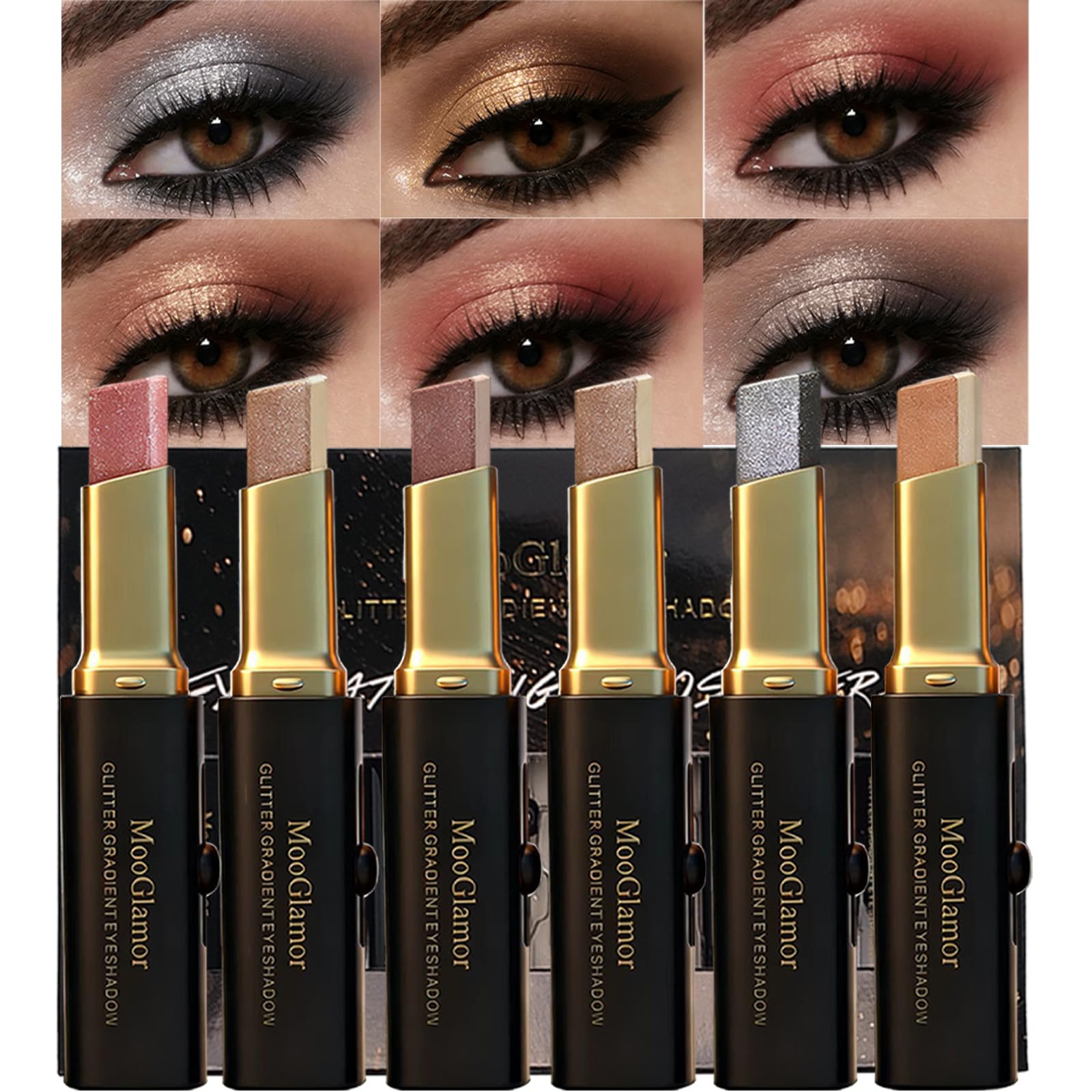 MooGlamor 6-Pc Glitter Eye Shadow Sticks – Dual-Color Gradient & Waterproof