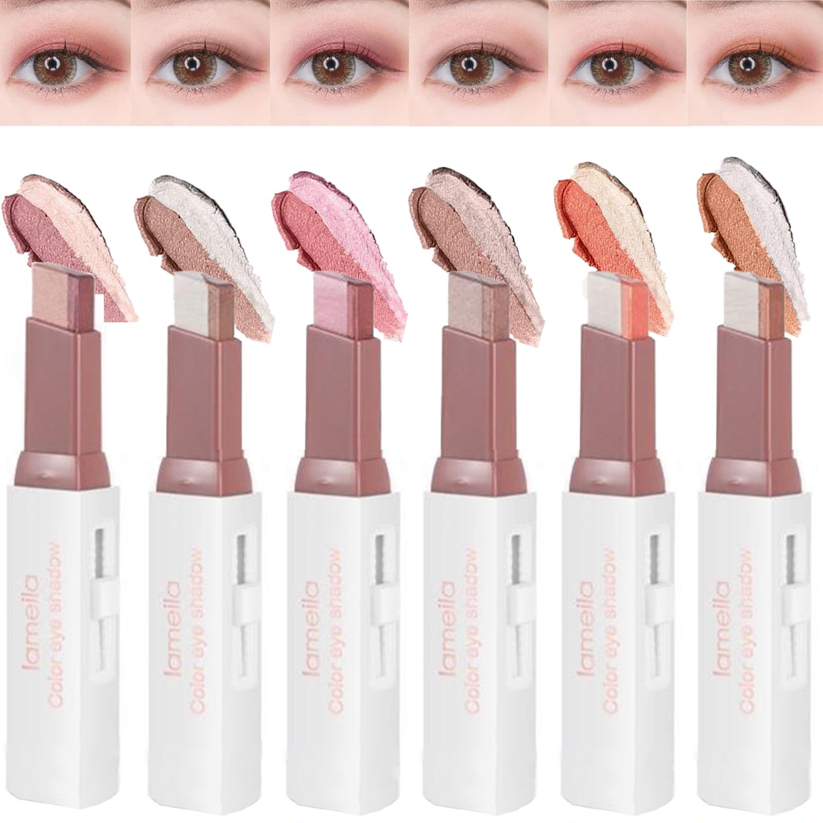 MooGlamor 6 Pcs Shimmery Eyeshadow Stick — Dual-Color Glitter Pencils, Waterproof & Retractable