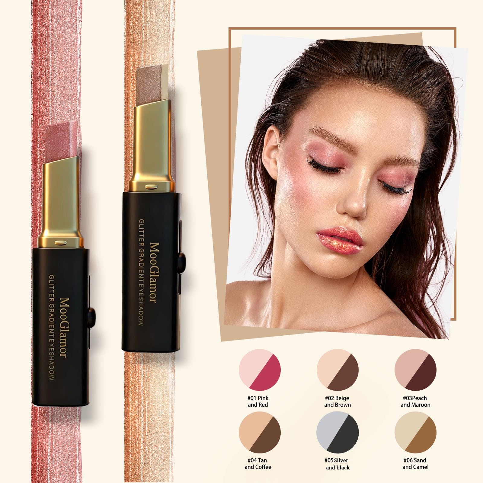 MooGlamor 6-Pc Glitter Eye Shadow Sticks – Dual-Color Gradient & Waterproof