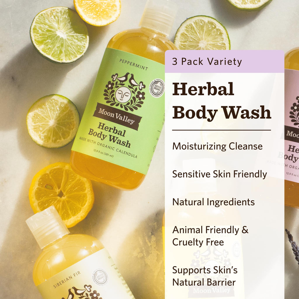 Moon Valley Organics Herbal Body Wash Variety 3 Pack — Lavender, Peppermint & Siberian Fir | Vegan, Paraben-Free