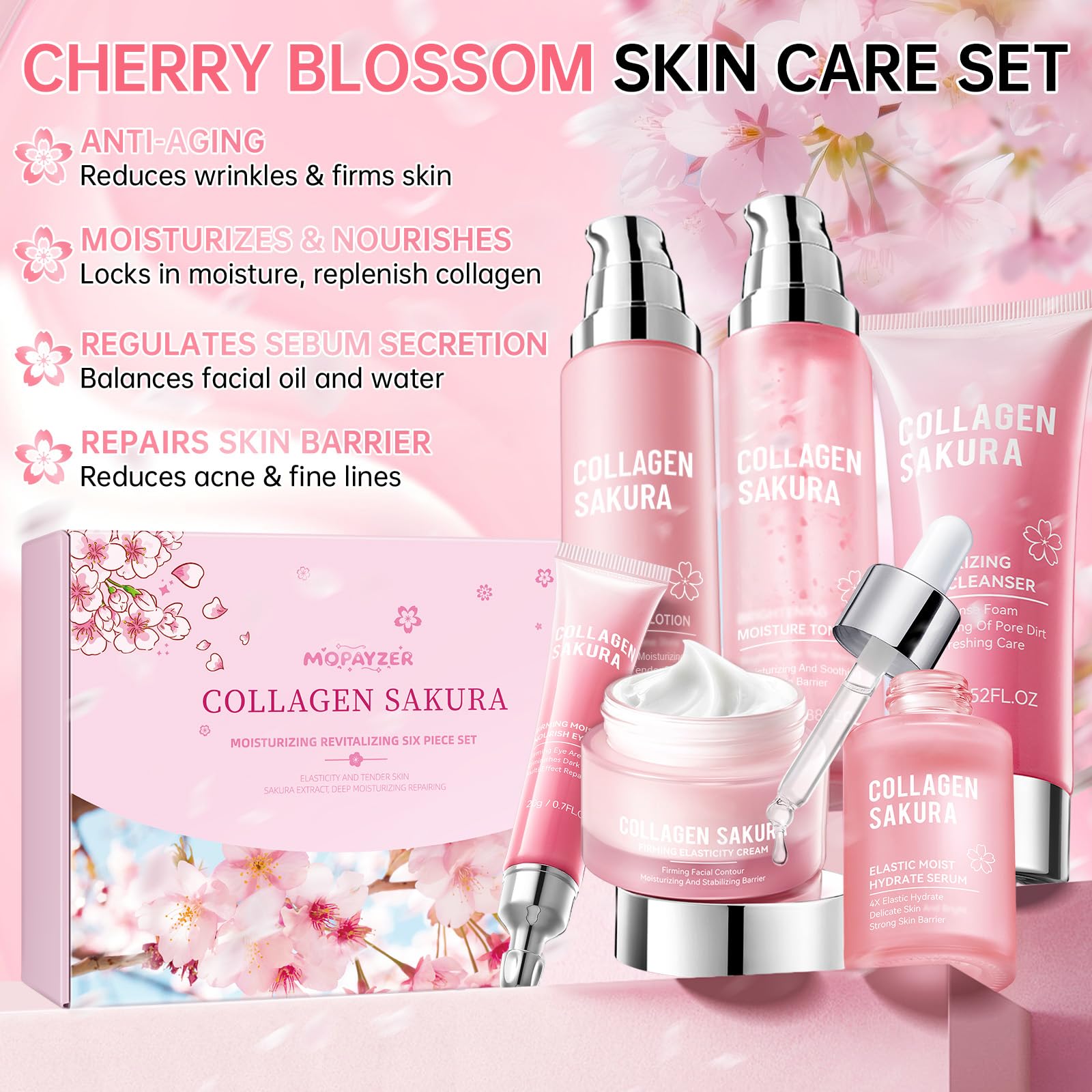 Mopayzer Collagen Sakura Skincare Gift Set | Cherry Blossom Kit for Teens & Women