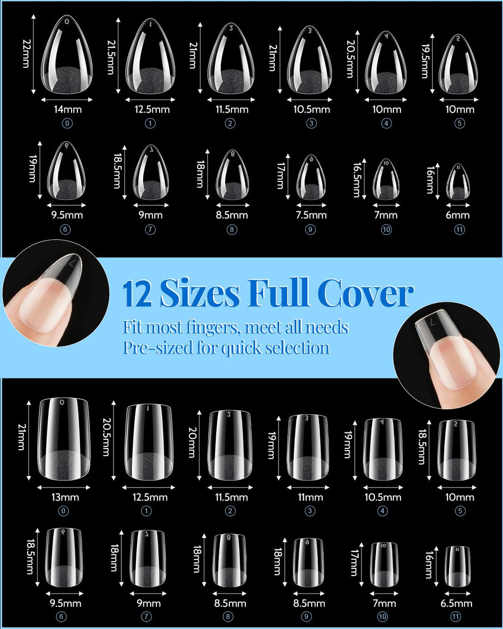 MORGLES Short Square & Almond Nail Tips Kit – 480 Clear Full-Cover Nails with Glue & Tools
