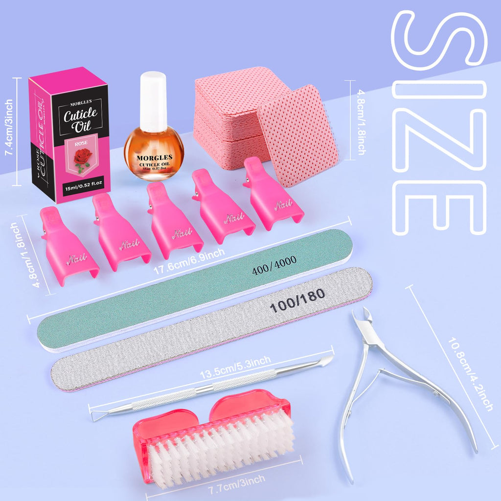 MORGLES Nail Polish Remover Kit — 300 Lint-Free Wipes, Pink Clips, Rose Cuticle Oil & Tools