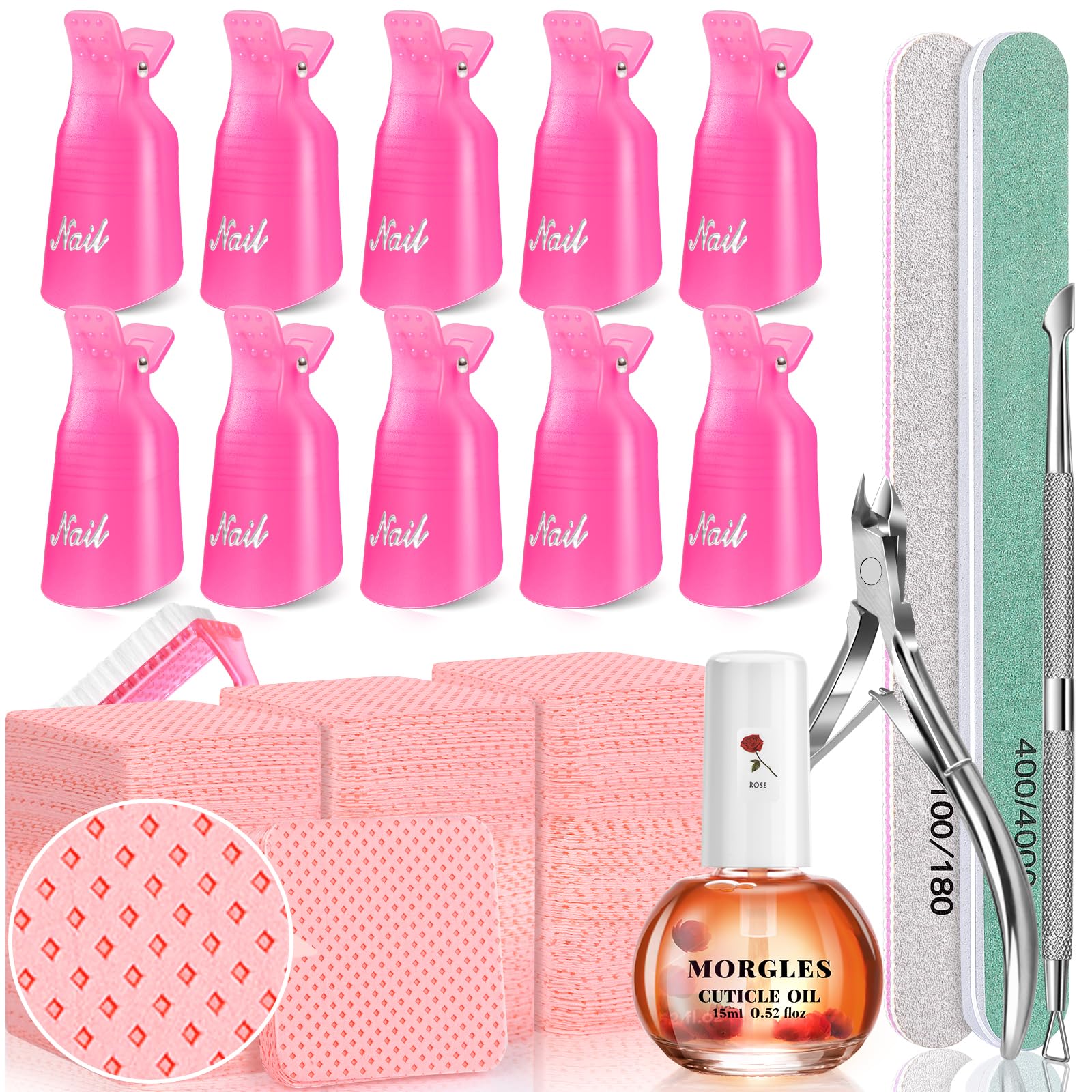 MORGLES Nail Polish Remover Kit — 300 Lint-Free Wipes, Pink Clips, Rose Cuticle Oil & Tools