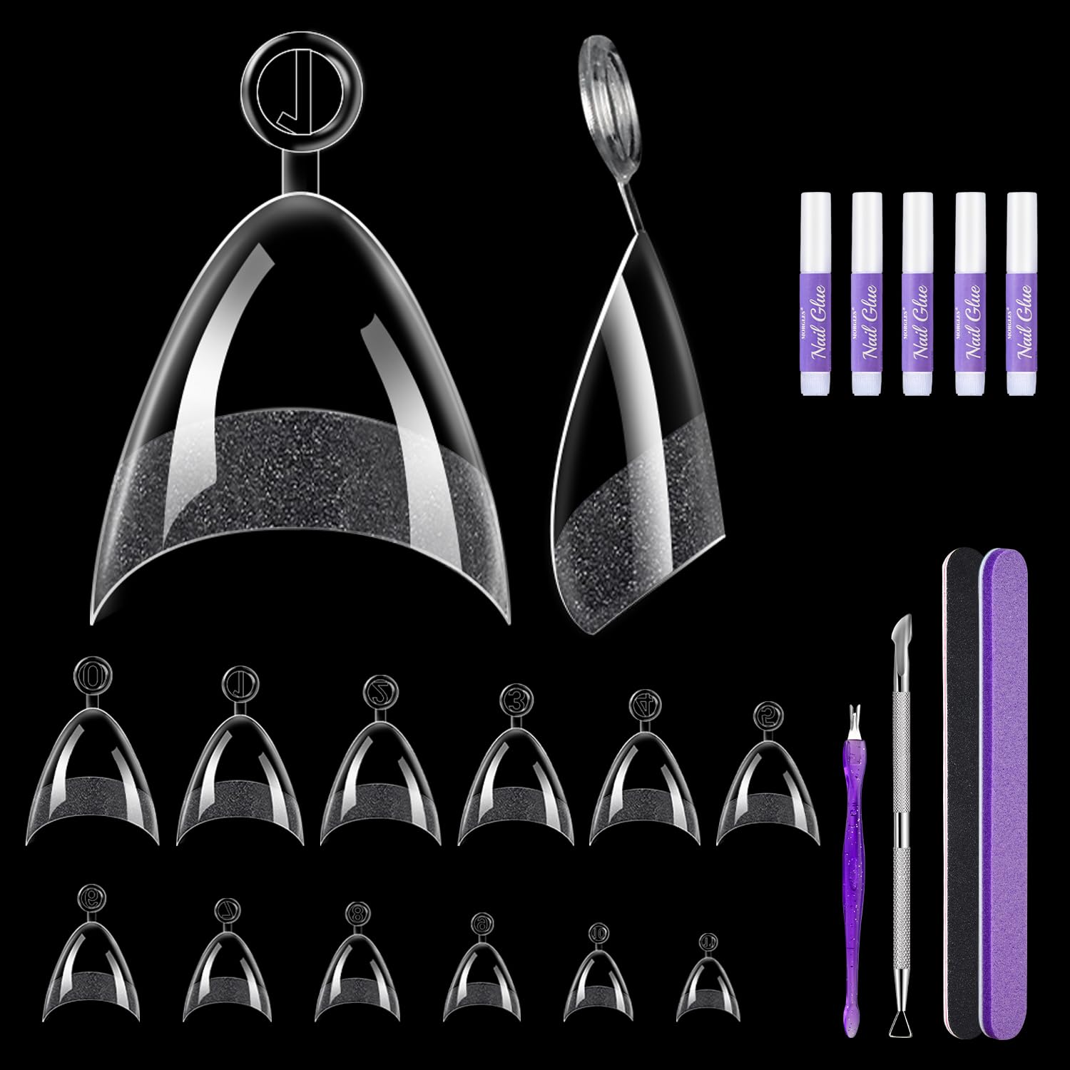 MORGLES Short Almond Nail Tips – 240 Pcs Half-Cover Clear Nails Kit with Glue, Files & Cuticle Forks