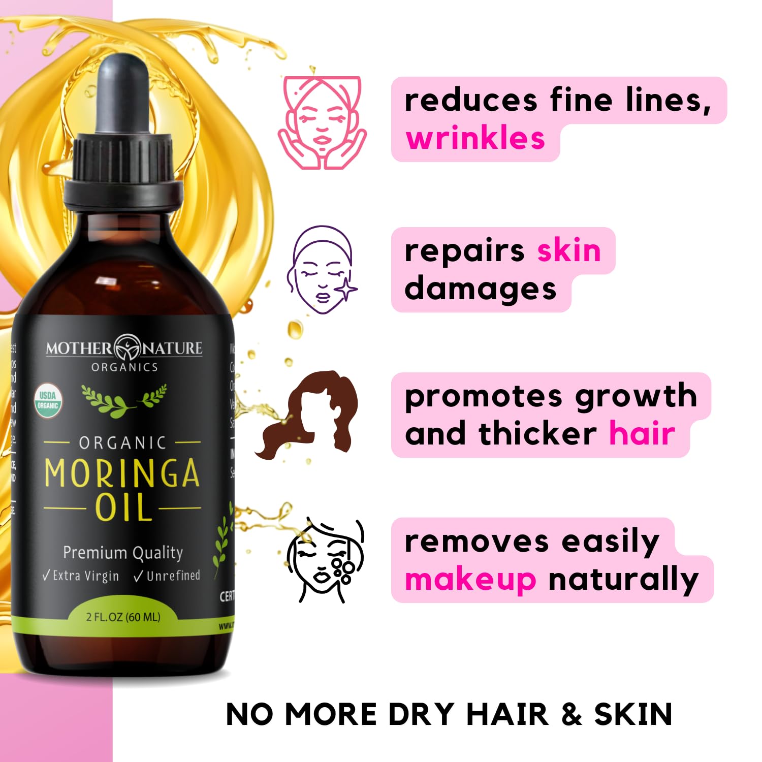 Mother Nature Organics Moringa Oil — USDA Organic, 100% Pure Cold-Pressed (2oz), Non-GMO & Vegan