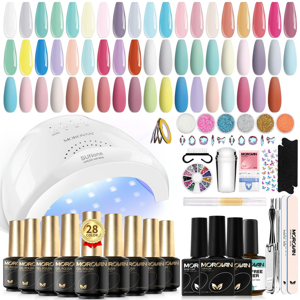 Morovan Gel Nail Polish Kit: 28 Colors, UV/LED Lamp, Base & Top Coat, DIY Manicure Set