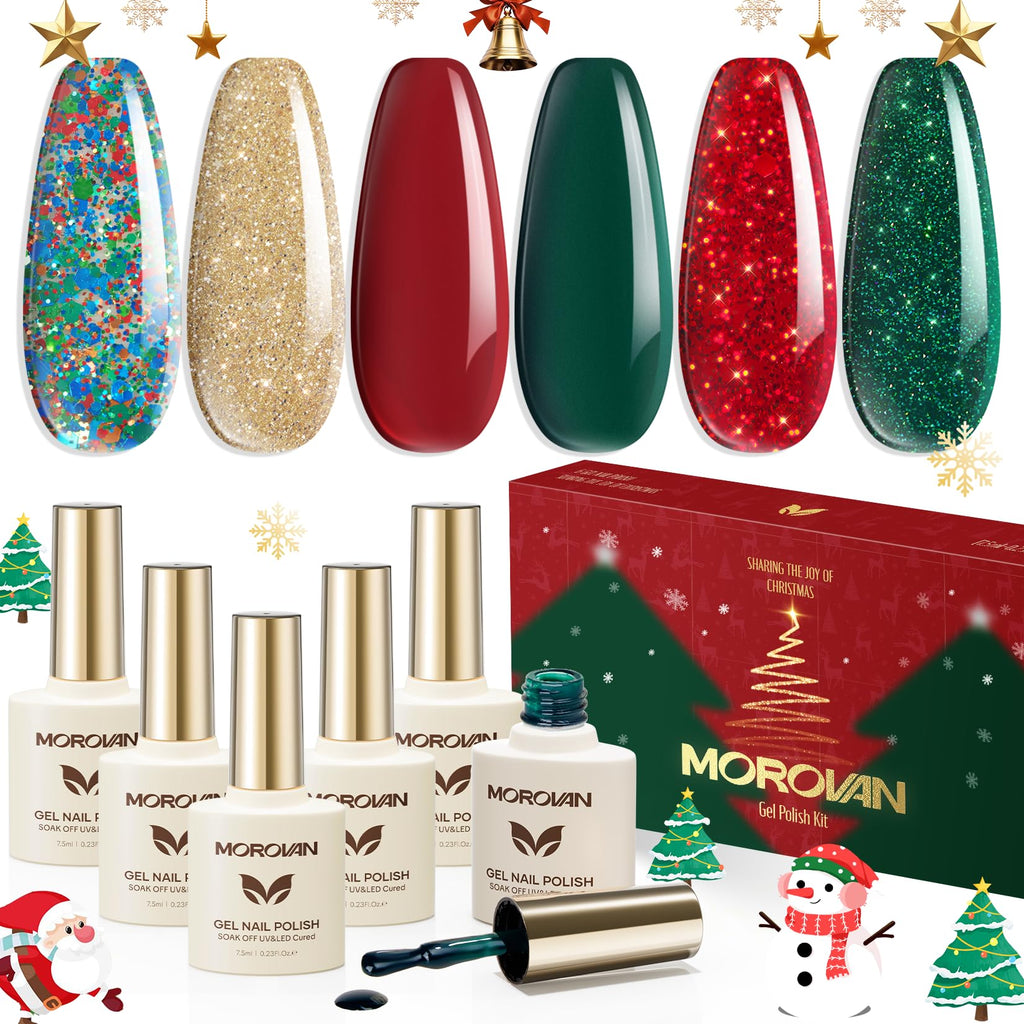 Morovan Christmas Gel Nail Polish Kit – 6 Colors (Green, Red, Gold Glitter, Silver) | Soak-Off Gel Polish for DIY Nails