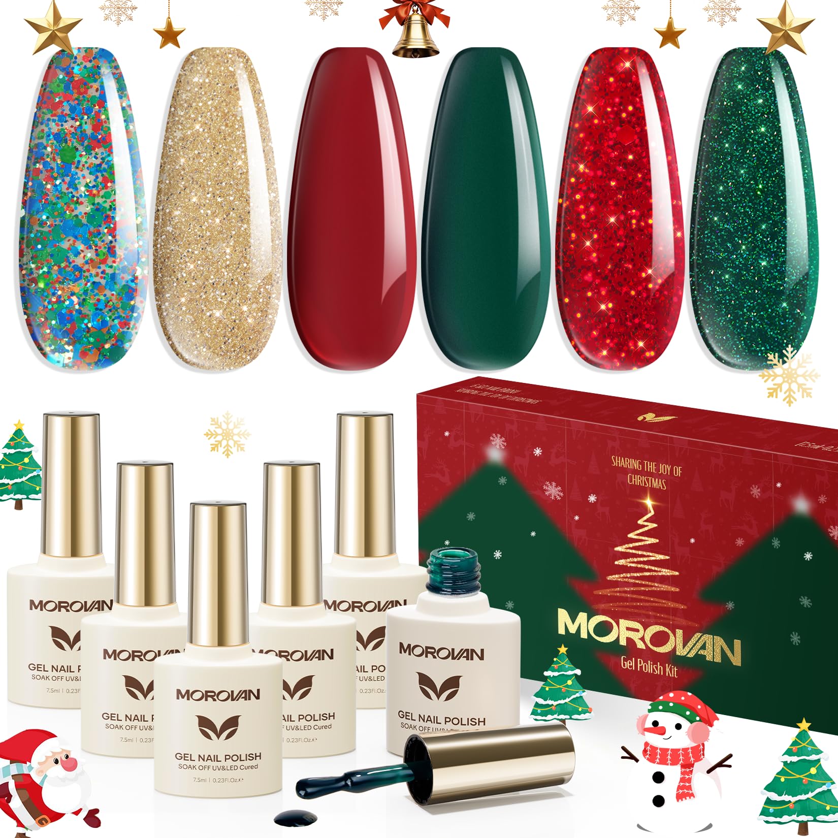 Morovan Christmas Gel Nail Polish Kit – 6 Colors (Green, Red, Gold Glitter, Silver) | Soak-Off Gel Polish for DIY Nails