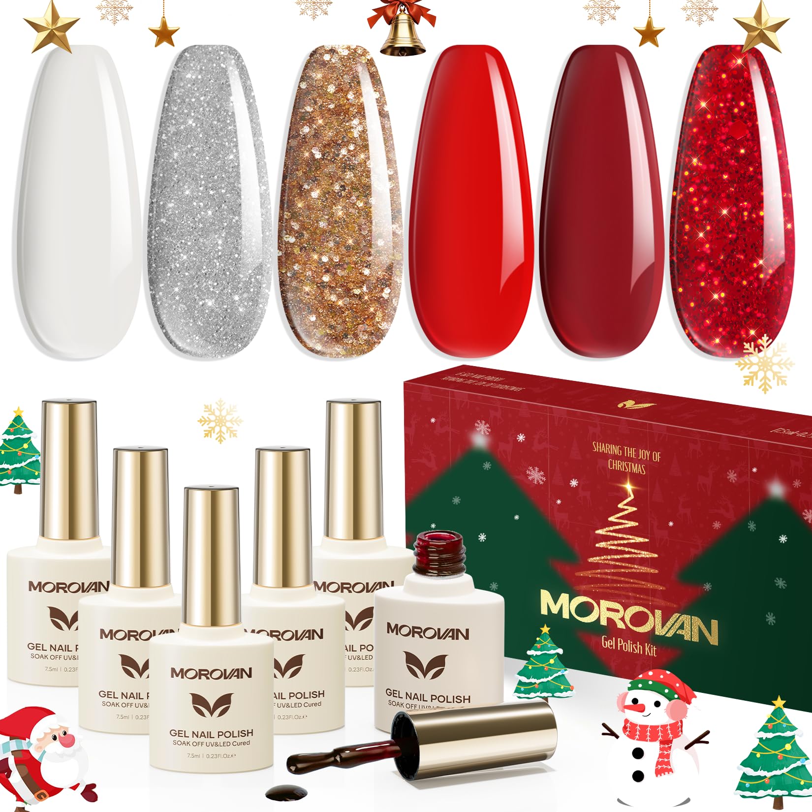 Morovan Christmas Gel Nail Polish Set – 6 Colors Red & White, Soak Off Gel Kit for DIY Nail Art
