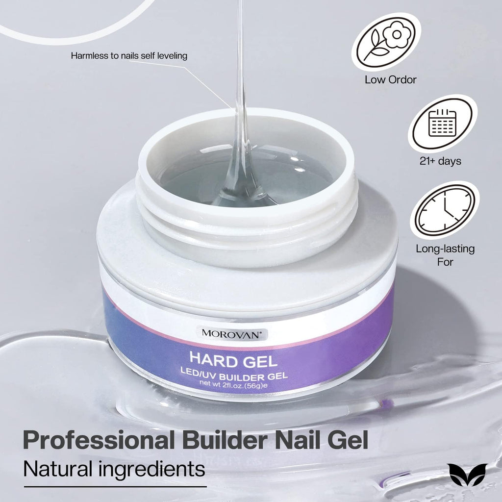 Morovan Clear Builder Gel for Nails – UV/LED Hard Gel Kit, 2oz with Forms & Brush