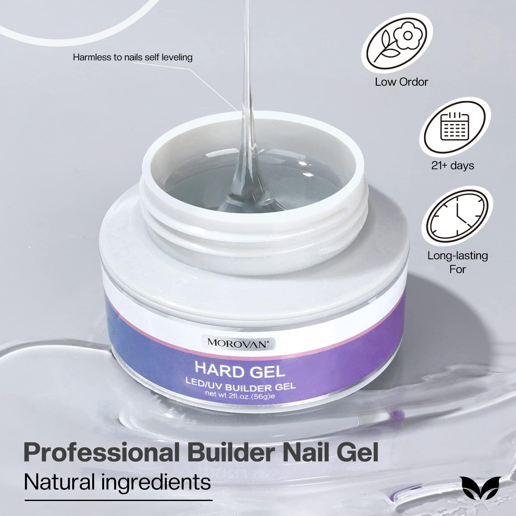 Morovan Clear Builder Gel for Nails – UV/LED Hard Gel Kit, 2oz with Forms & Brush
