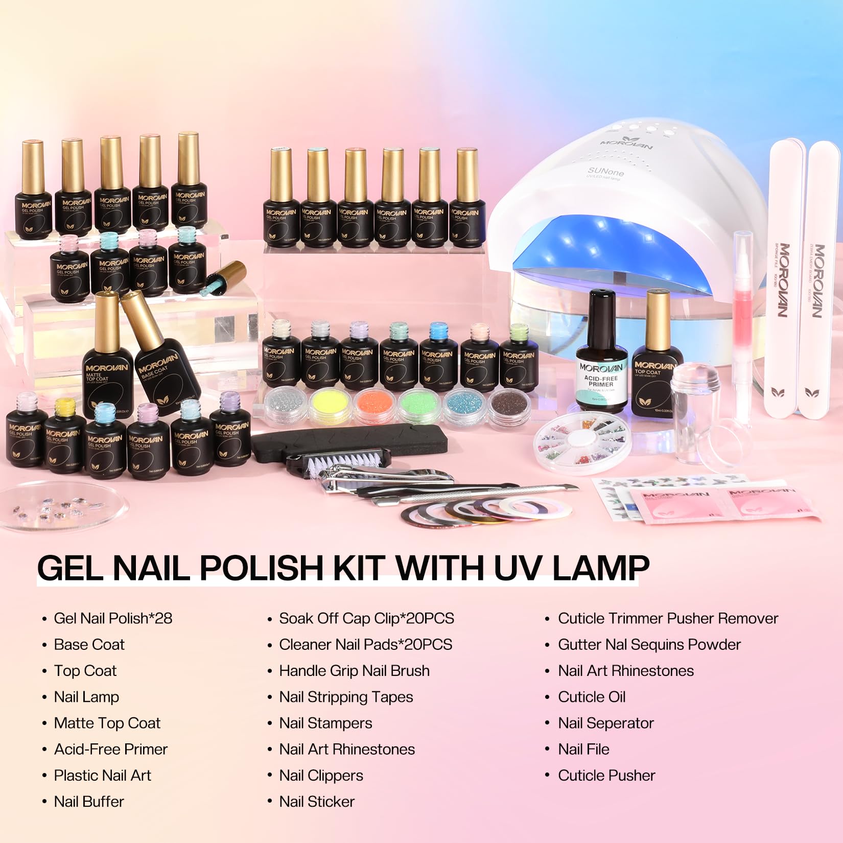 Morovan Gel Nail Polish Kit: 28 Colors, UV/LED Lamp, Base & Top Coat, DIY Manicure Set