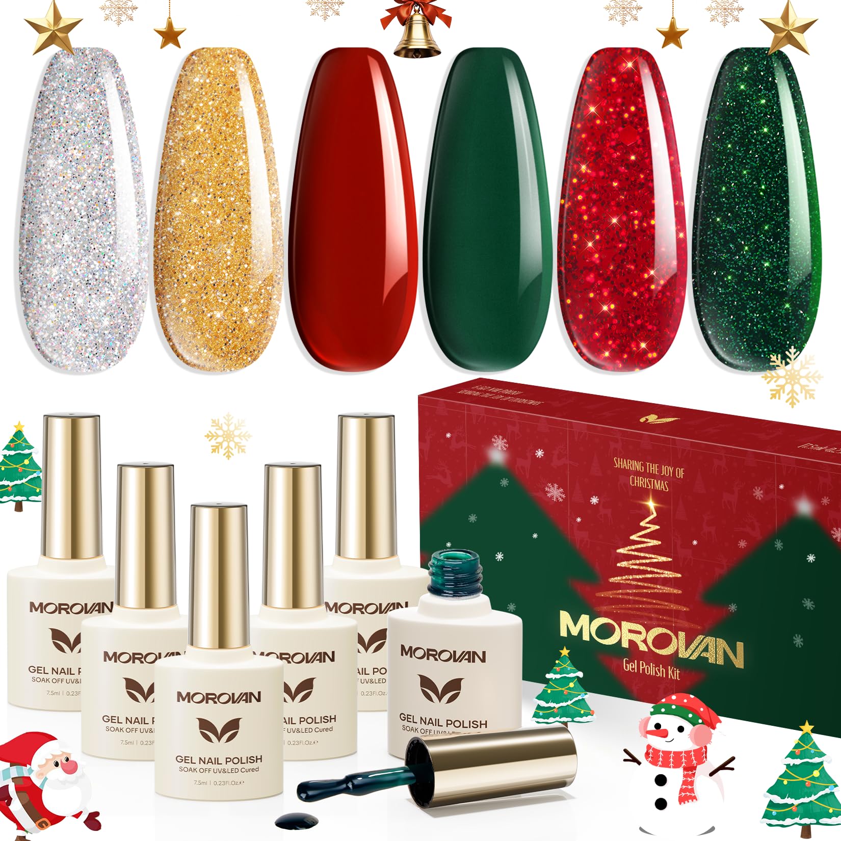 Morovan Gel Nail Polish Set – 6 Christmas Colors with UV LED Lamp for Home Salon