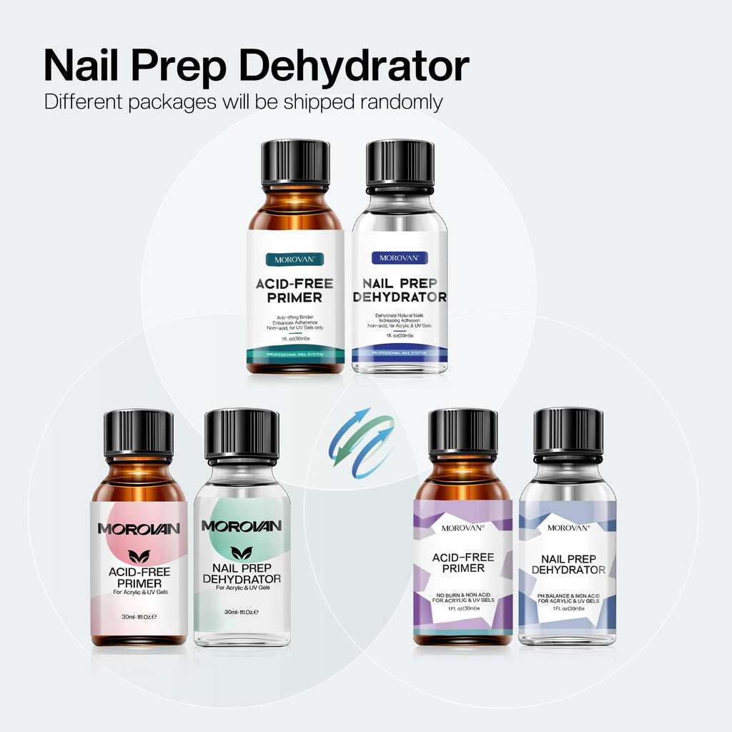 Morovan Nail Primer & Dehydrate Set – Fast Air Dry, 30ml / 1oz for Gel Polish & Acrylic