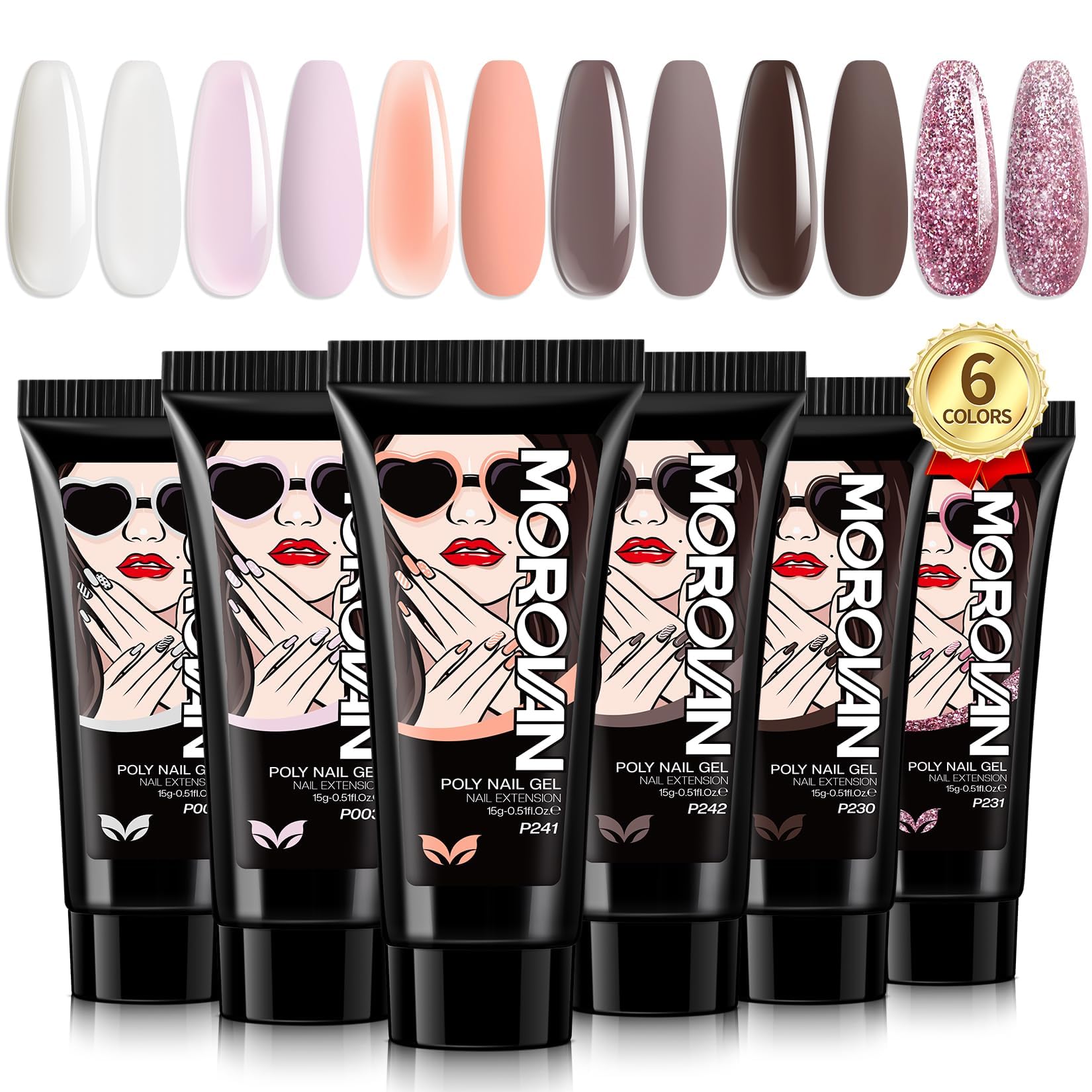 Morovan Poly Gel Nail Colors – 6 Pink Nude Colors for DIY Nail Extensions (15 g)