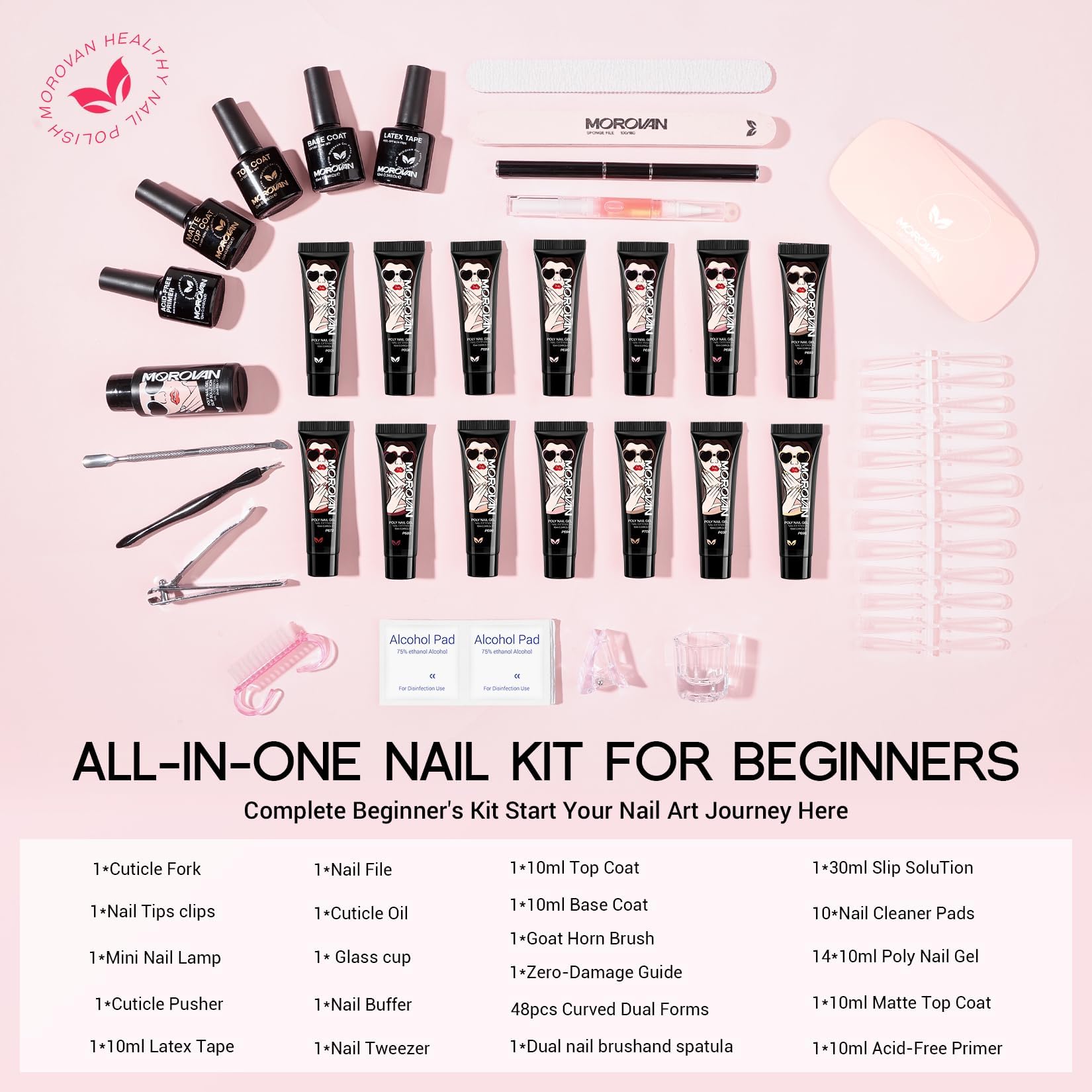 Morovan Poly Gel Nail Kit – All-in-One Beginner Starter with UV Lamp & Slip Solution