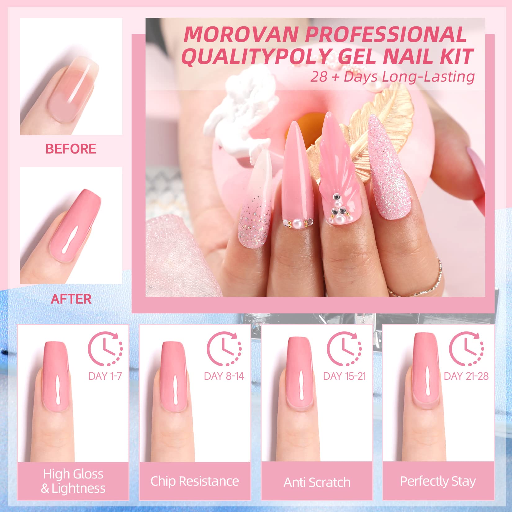 Morovan Poly Gel Nail Set: 48 Colors for Trendy Gel Extensions with Glitter Finish