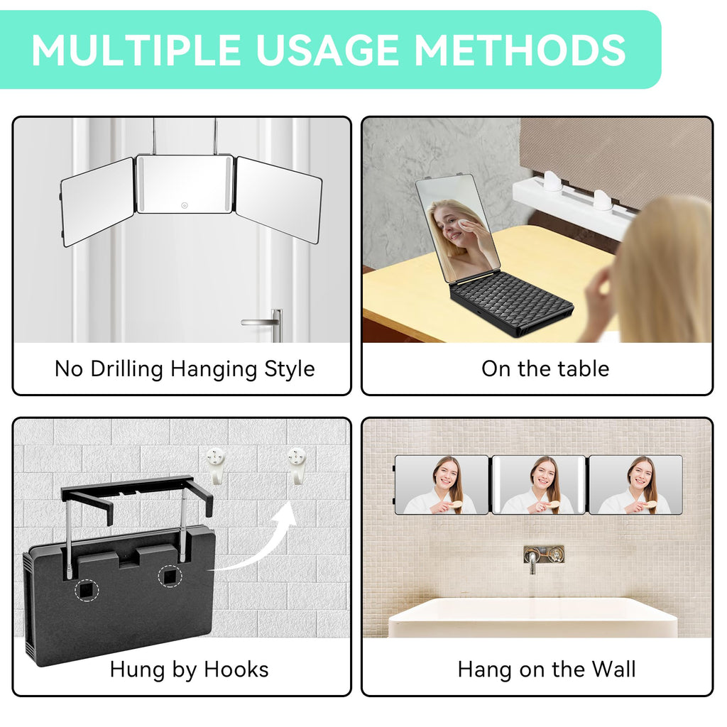 Moruedtu 3 Way Mirror with LED Lights & 360° View – Self Haircuts, Shaving & Styling