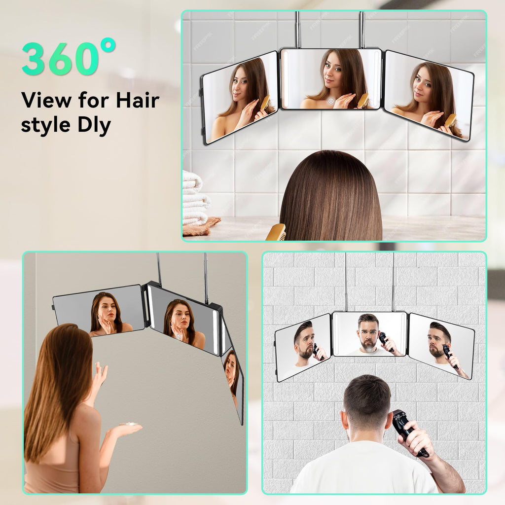 Moruedtu 3 Way Mirror with LED Lights & 360° View – Self Haircuts, Shaving & Styling