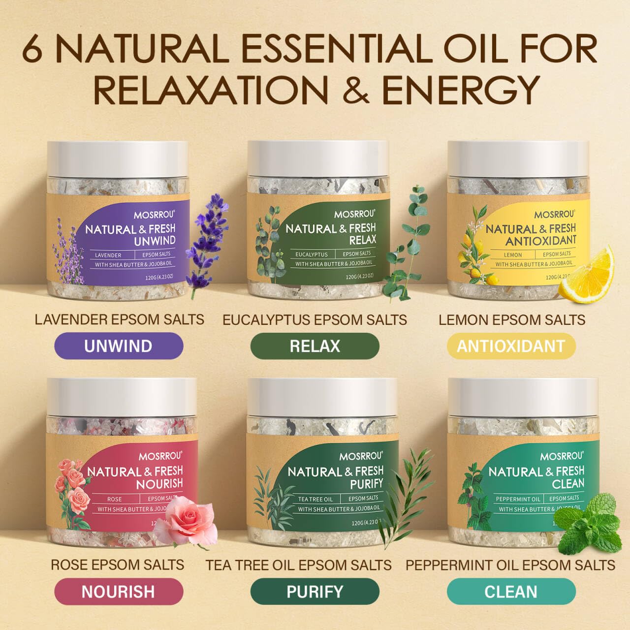 MOSRROU Epsom Bath Salts Gift Set – 6-Piece with Essential Oils