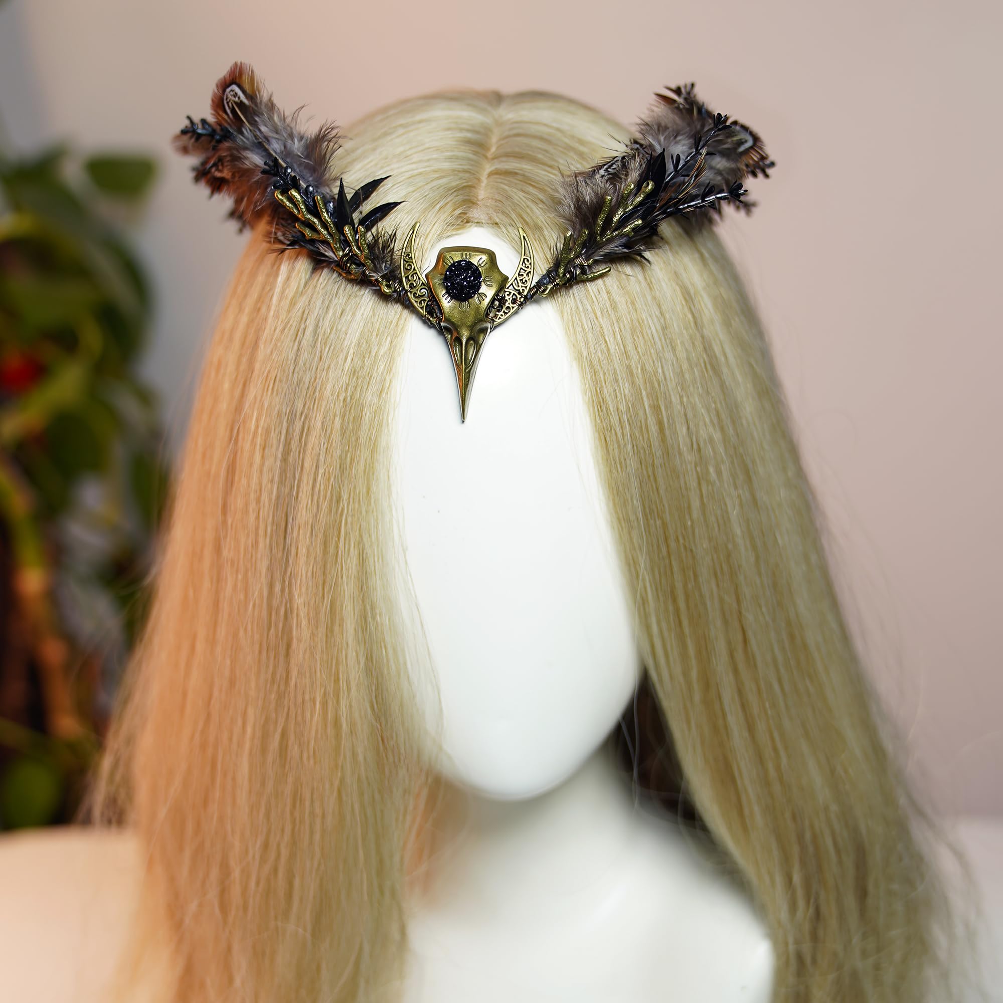 MOSTORY Brown Feather Witch Crown - Handmade Gothic Headpiece for Women | Witch Aesthetic & Cosplay