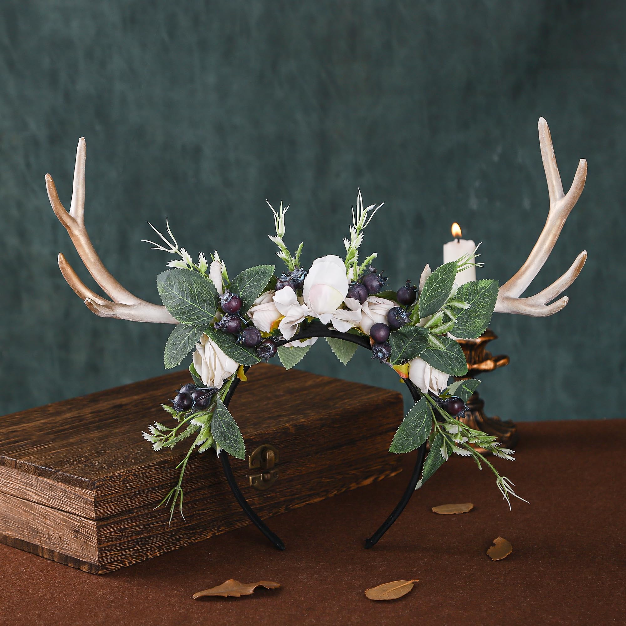 MOSTORY Handmade Deer Horns Headband – Flower Antler Hairband for Prom, Cosplay & Halloween