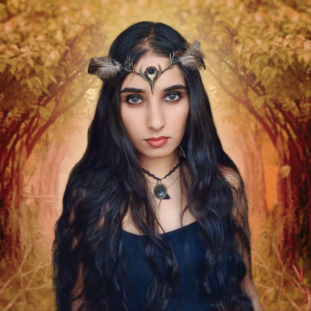 MOSTORY Brown Feather Witch Crown - Handmade Gothic Headpiece for Women | Witch Aesthetic & Cosplay