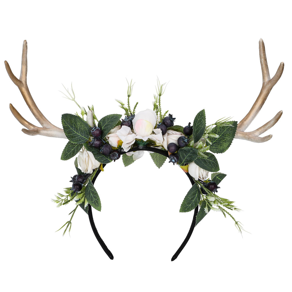 MOSTORY Handmade Deer Horns Headband – Flower Antler Hairband for Prom, Cosplay & Halloween