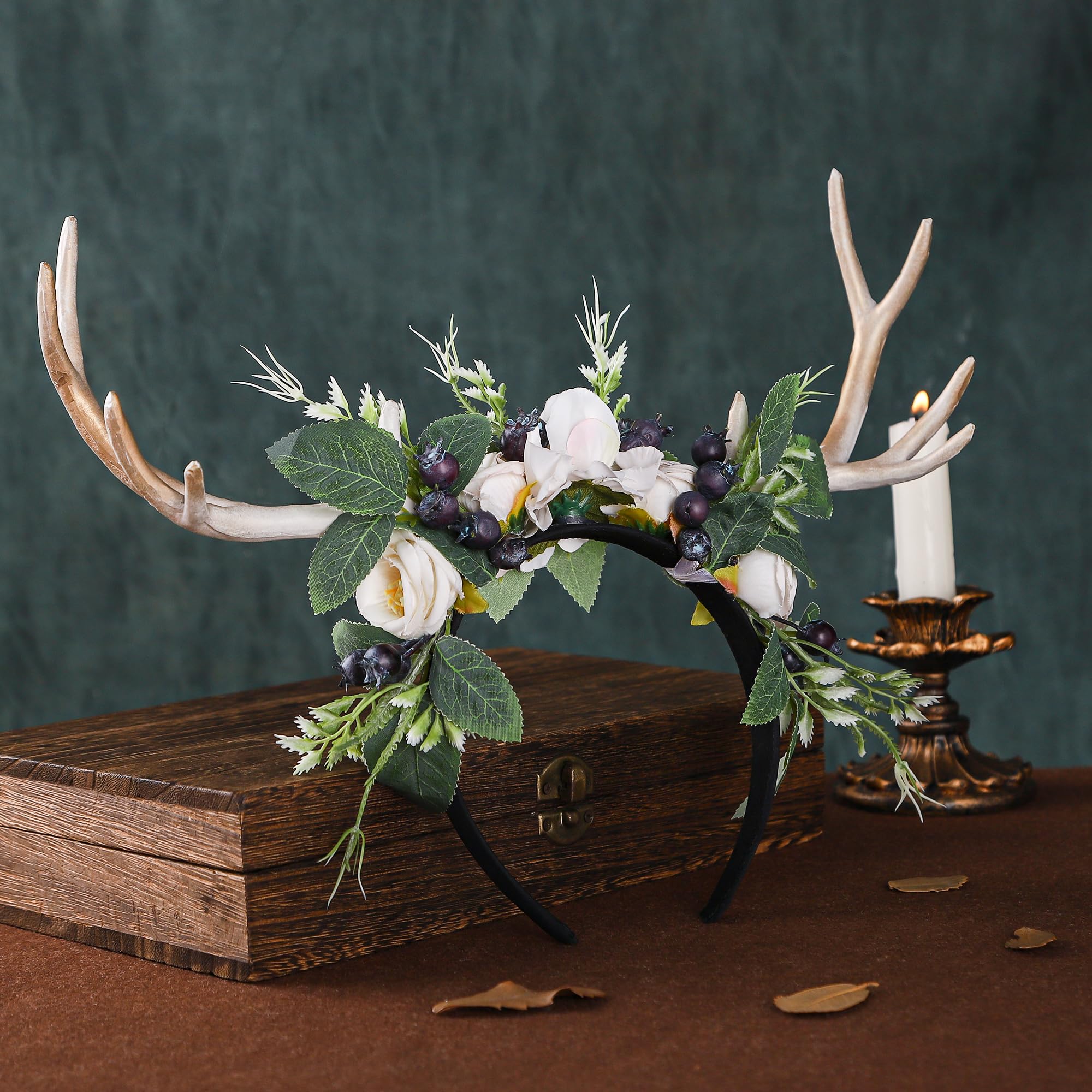 MOSTORY Handmade Deer Horns Headband – Flower Antler Hairband for Prom, Cosplay & Halloween