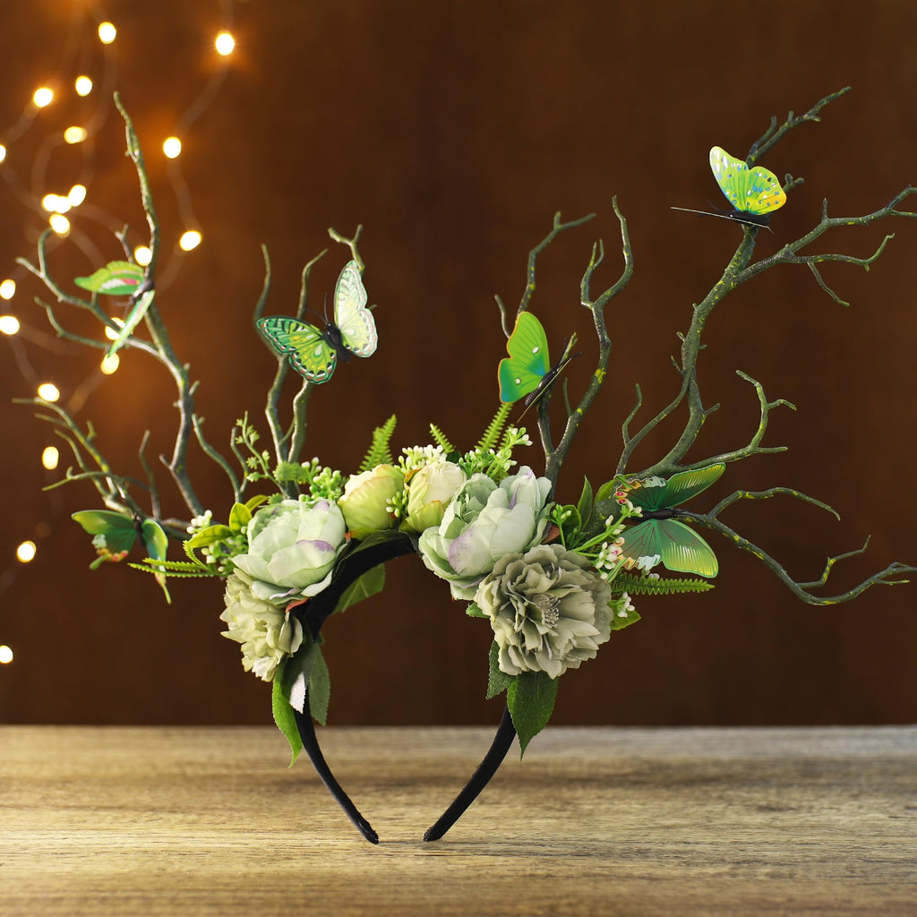 MOSTORY Green Flower Branch Headband – Handmade Woodland Crown for Women