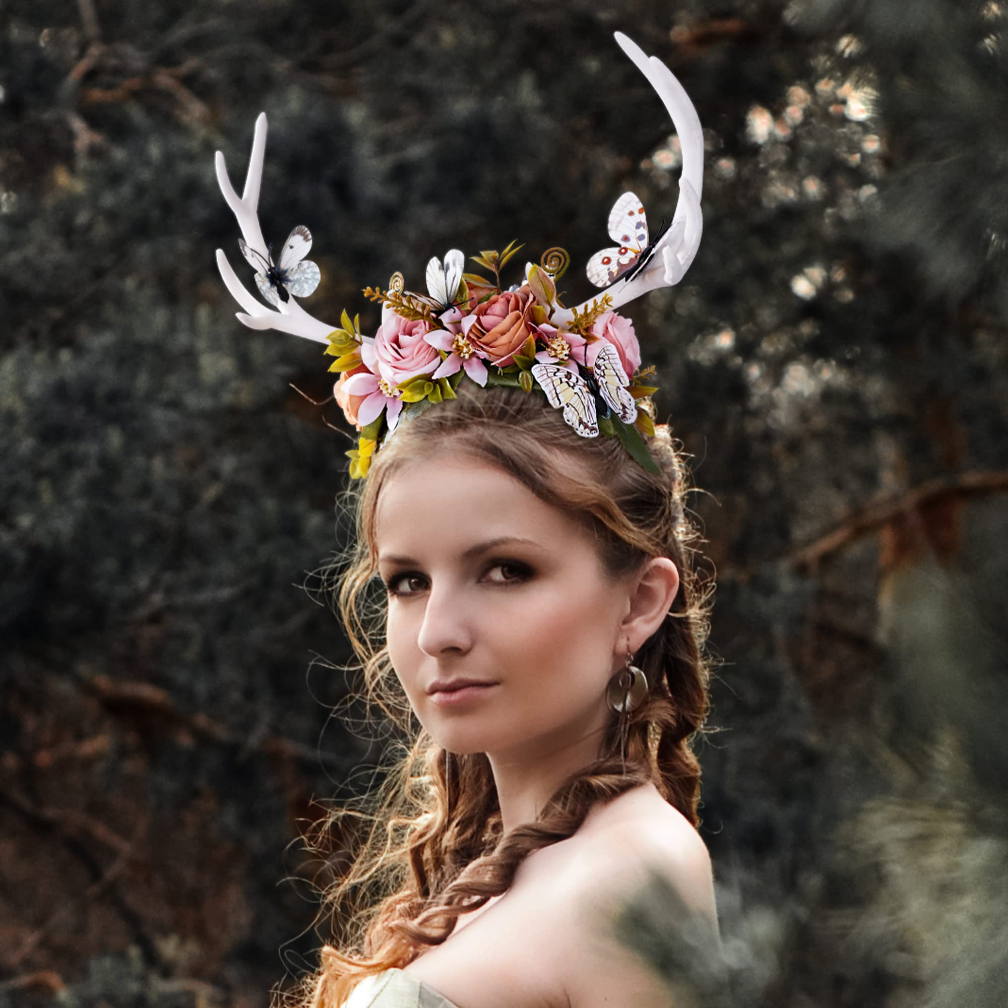 MOSTORY Handmade White Antler Headband – Forest Butterfly Crown for Weddings & Cosplay